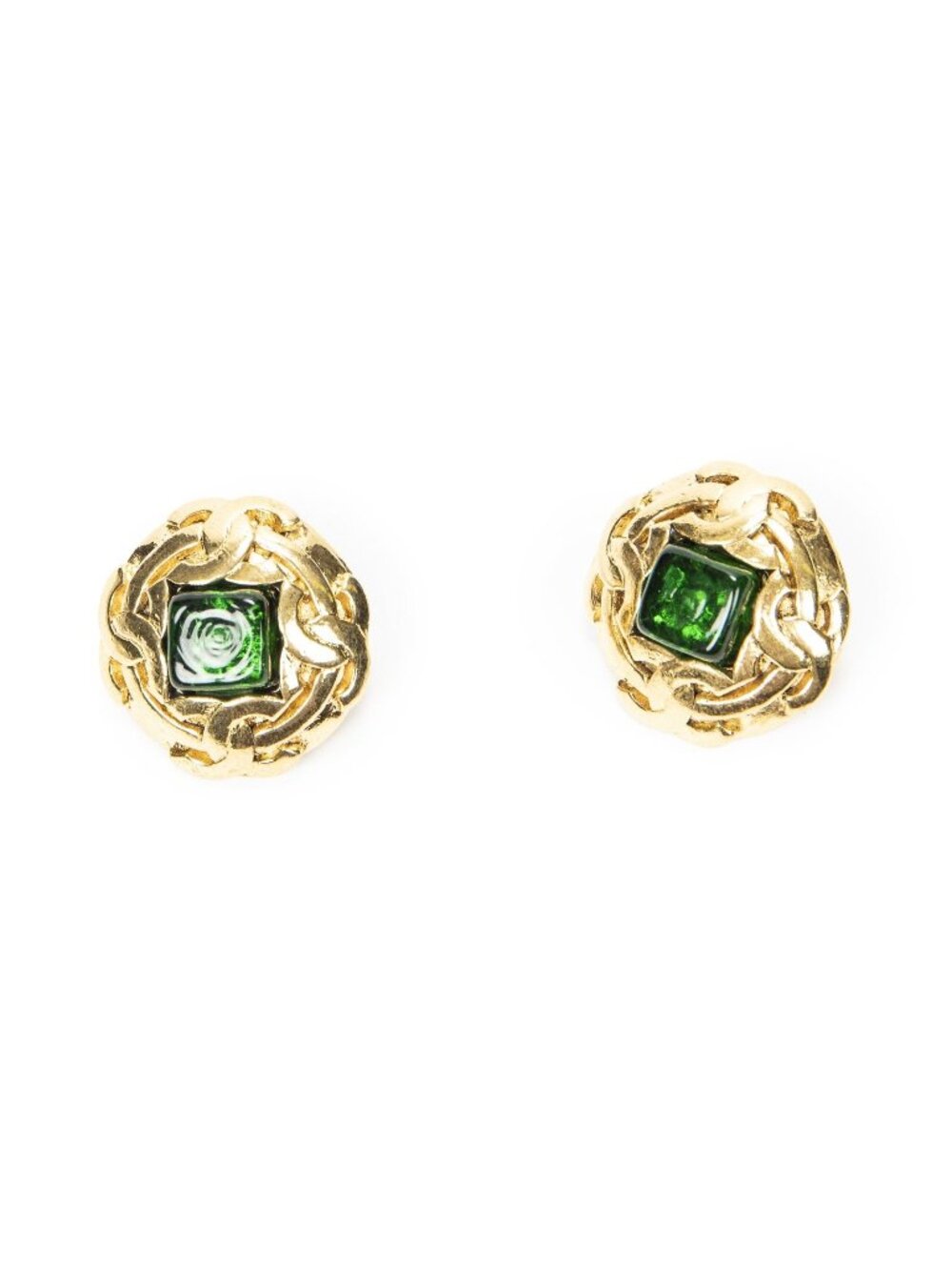 Chanel CC Logo Clip-On Earrings Green Gold Plated